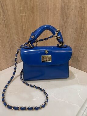 Structured Blue Leather Top-Handle Satchel with Gold Chain Strap
